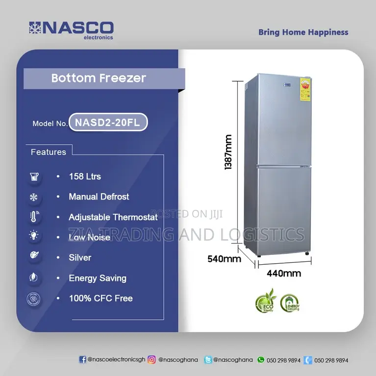Nasco 158ltr Bottom Freezer Refrigerator-Nasd2-20fl