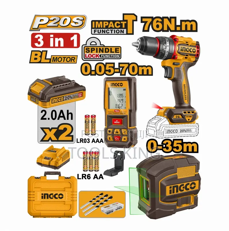 Cordless Drill 20v 76nm 2 Battery Laser Level 35m - Cosli250511