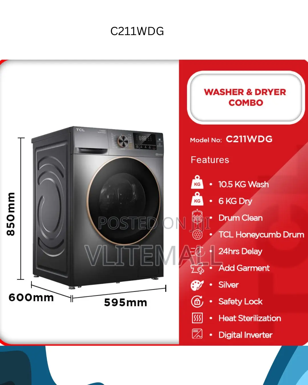 TCL Washer 10.5kg Dryer 6kgs Washing Machine C211wdg