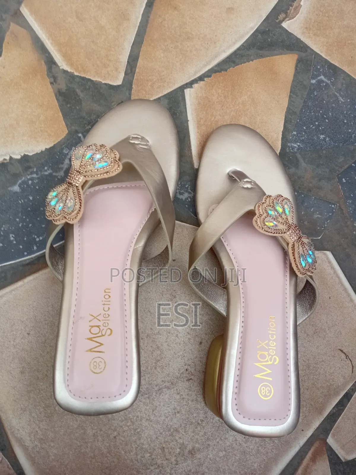 Ladies Low Heel Slippers With a Butterfly Desig-Gold