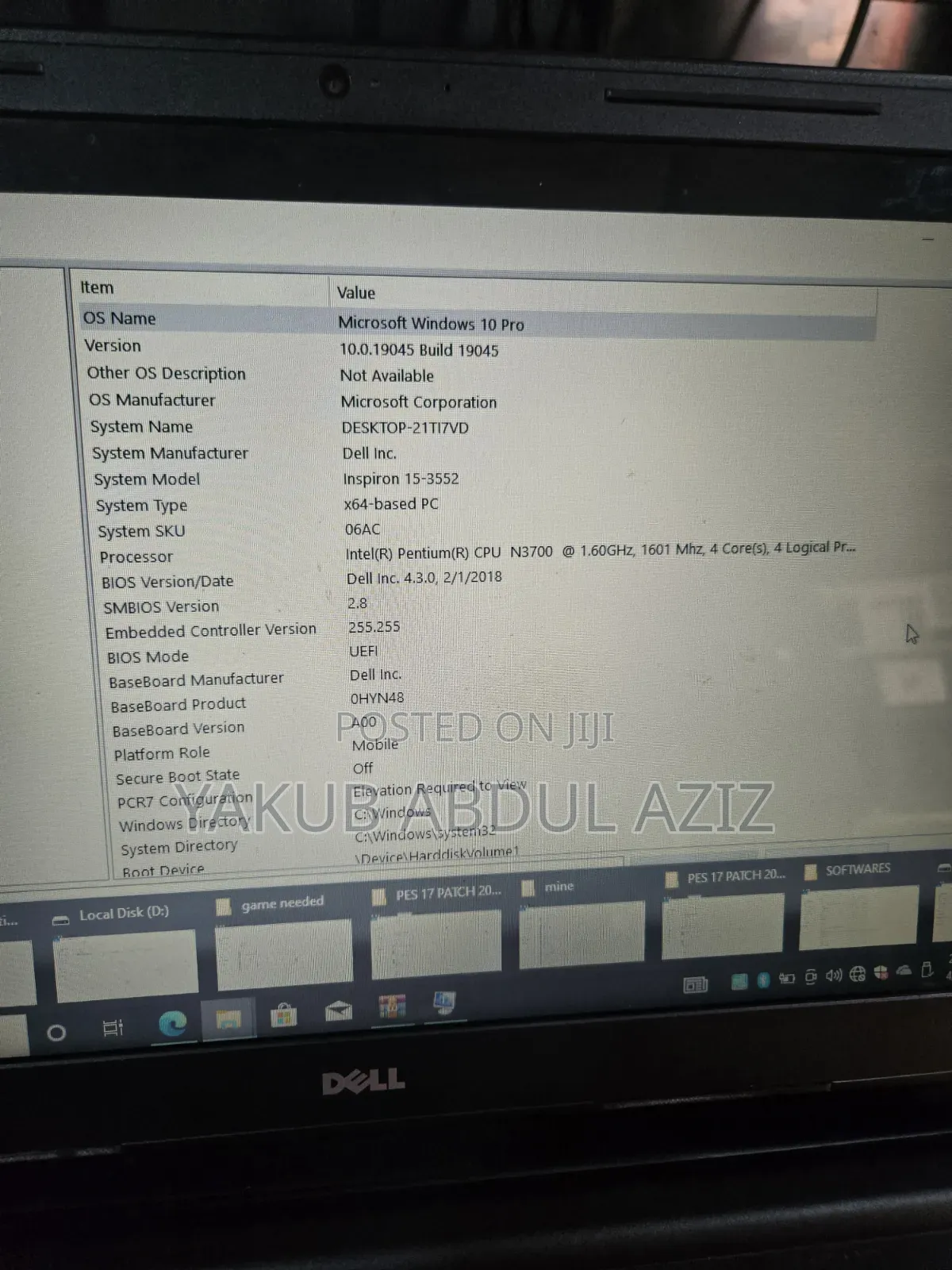 Laptop Dell Inspiron 15 8GB Intel Pentium HDD 500GB