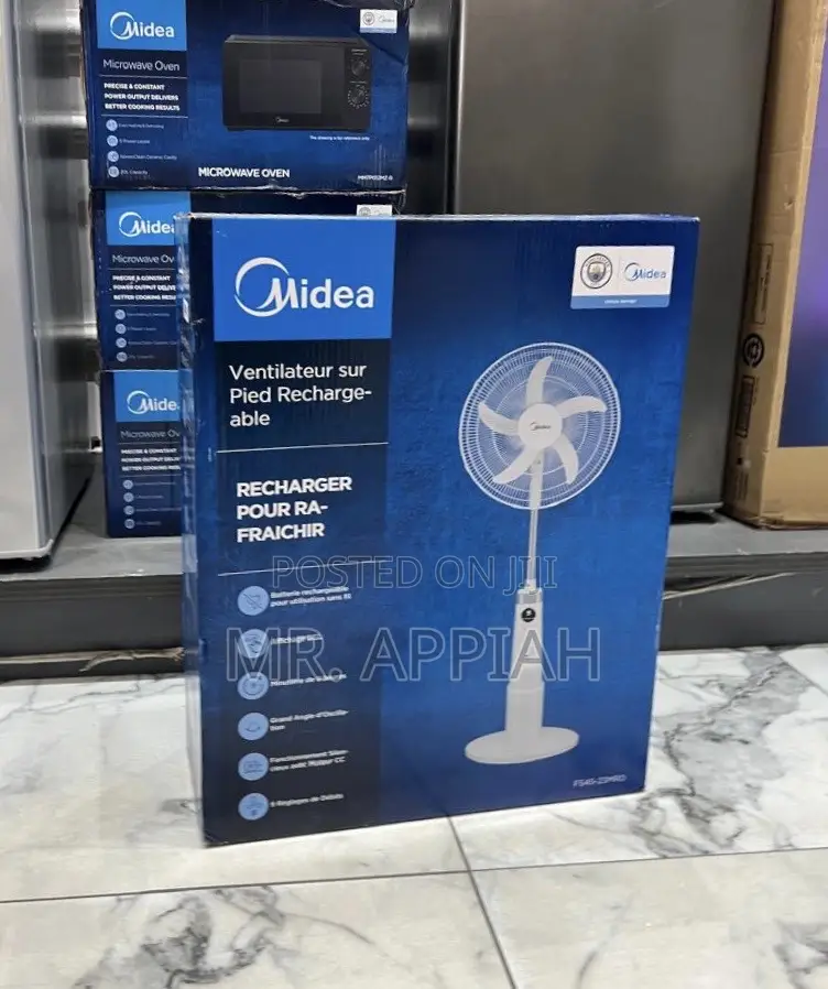 Get Authentic Midea 18” Electric Standing Fan(Rechargeable)White.