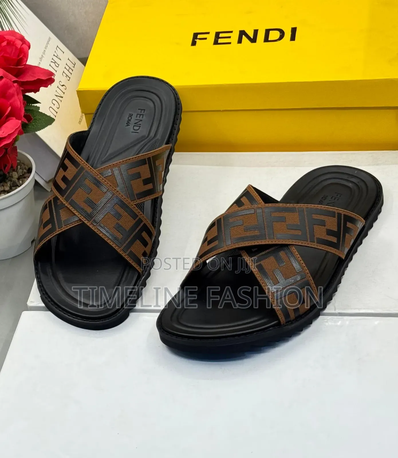 Fendi Coffee and Black Men's Cross Slippers