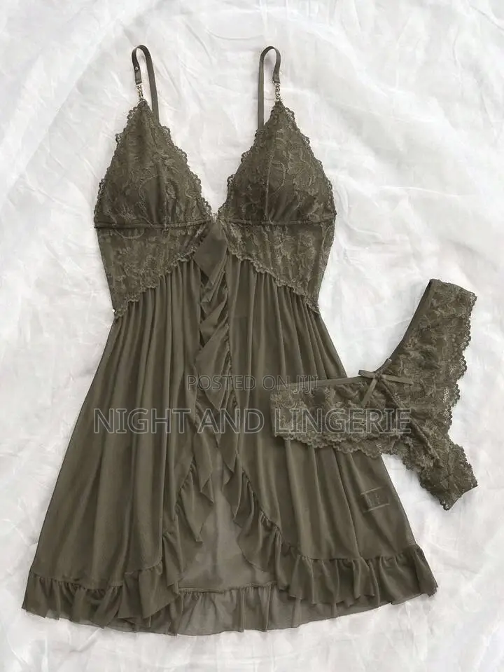 Women Solid Lace Camisole Nightie With Matching Lace Panty