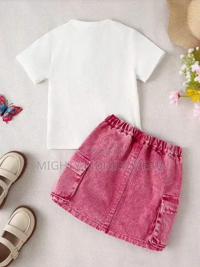 Girls Bow Short-Sleeved Top + Denim Skirt Age 2-4yrs
