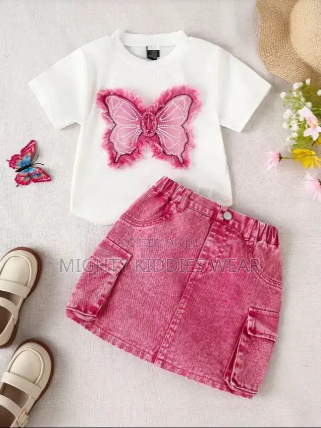 Girls Bow Short-Sleeved Top + Denim Skirt Age 2-4yrs