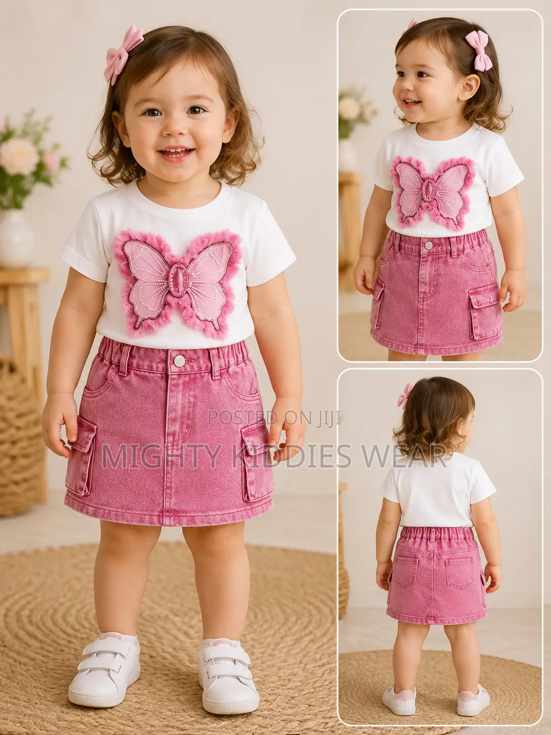 Girls Bow Short-Sleeved Top + Denim Skirt Age 2-4yrs