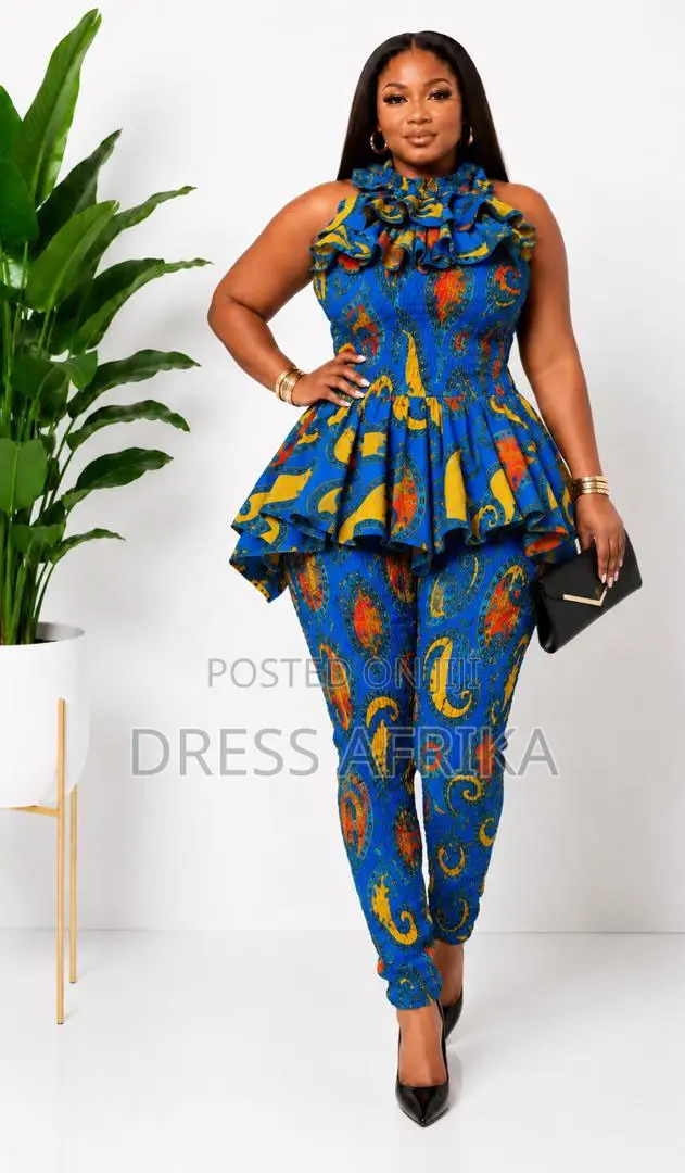 Royal Blue African Print Peplum Top Trousers Set