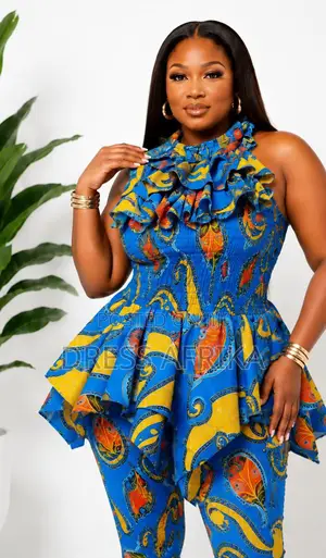 Royal Blue African Print Peplum Top Trousers Set