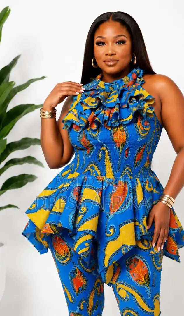 Royal Blue African Print Peplum Top Trousers Set