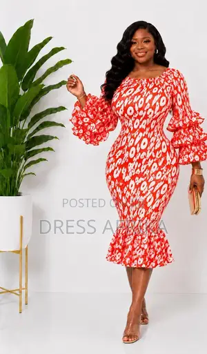 Beautiful Red and White African Print Smocked Midi Dress