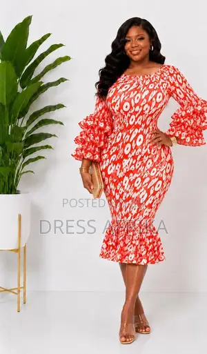 Beautiful Red and White African Print Smocked Midi Dress