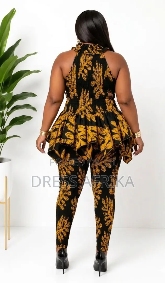 Premium Black Gold African Print Peplum Trousers Set