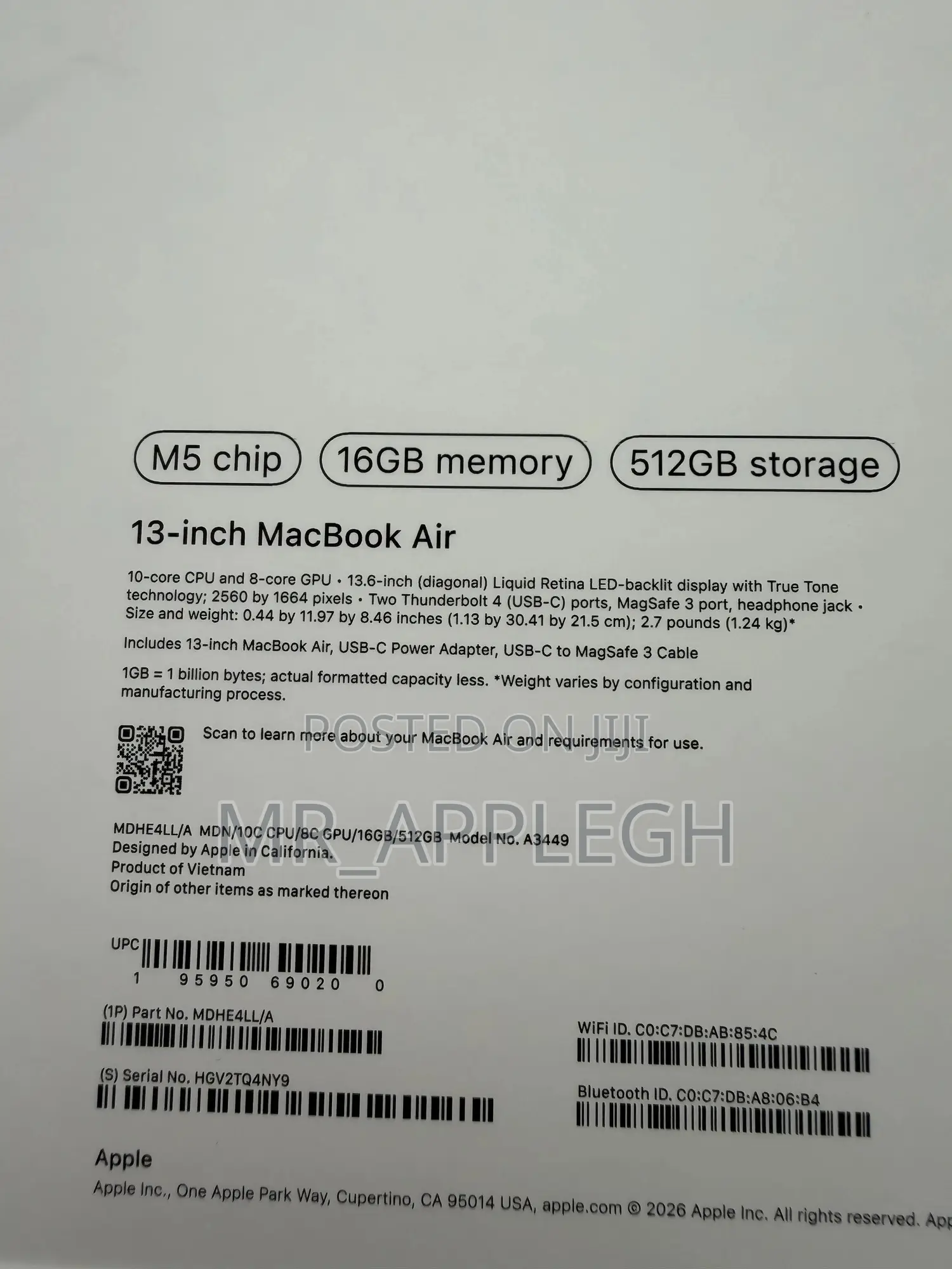 New Laptop Apple MacBook Air 2026 M5 16GB Apple M5 SSD 256GB