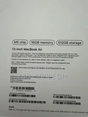 New Laptop Apple MacBook Air 2026 M5 13-inch 16GB Apple M5 SSD 256GB