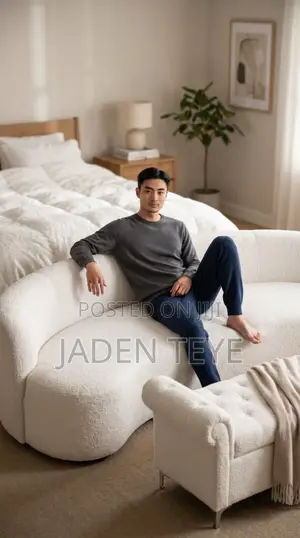 White Designed Fabric Sofa Plus Opening Table and Seat