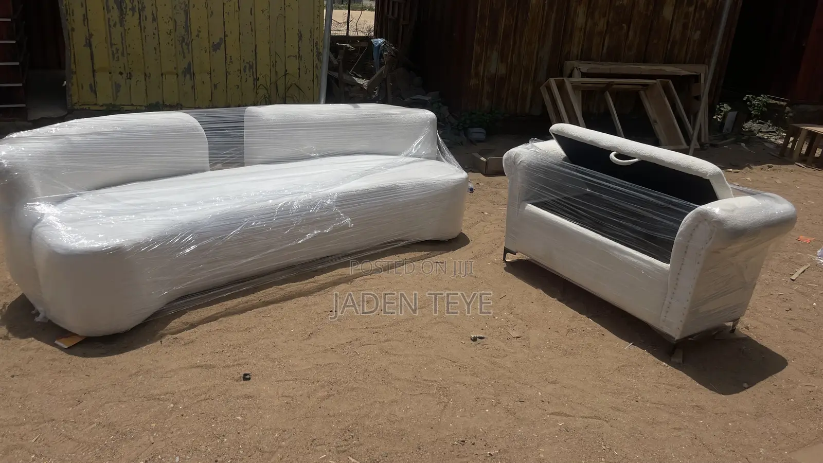 White Designed Fabric Sofa Plus Opening Table and Seat