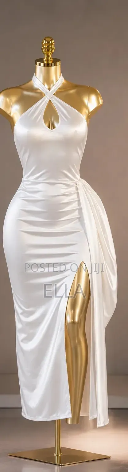 White Satin Halter Midi Dress