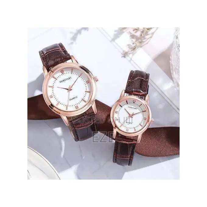 2pcs Couples Wrist Watch Set – Brown Leather Strap 'T771655