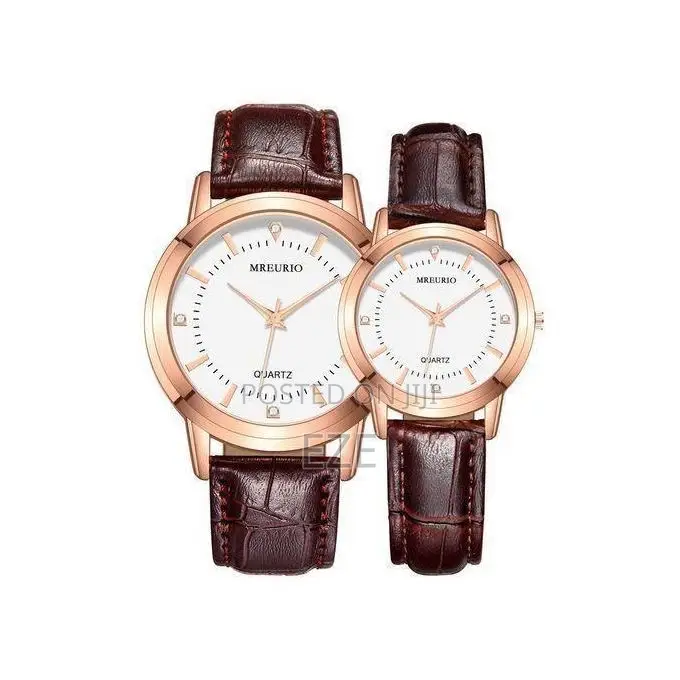 2pcs Couples Wrist Watch Set – Brown Leather Strap 'T771655