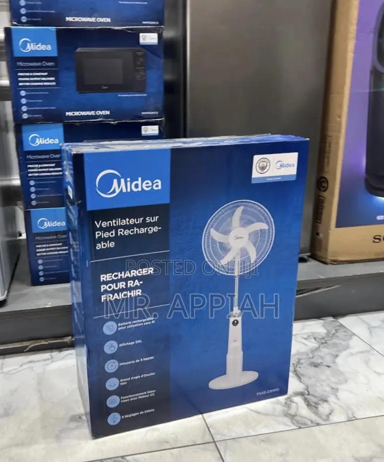 Affordable Midea 18” Rechargeable Standing Fan With Digital Remote.