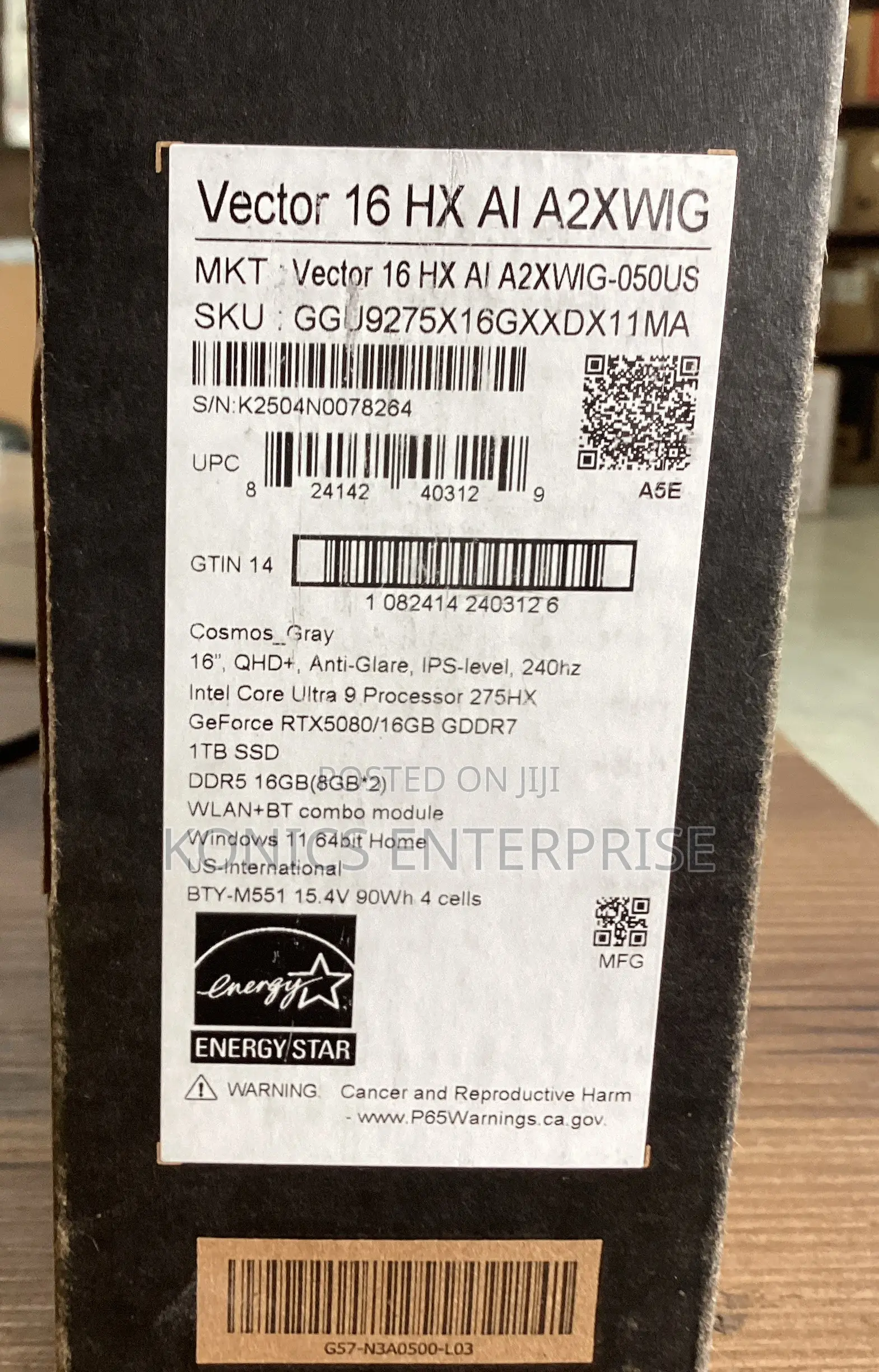 New Laptop MSI Vector 16 HX AI A2XWIG 16GB Intel Core Ultra 9 SSD 1T