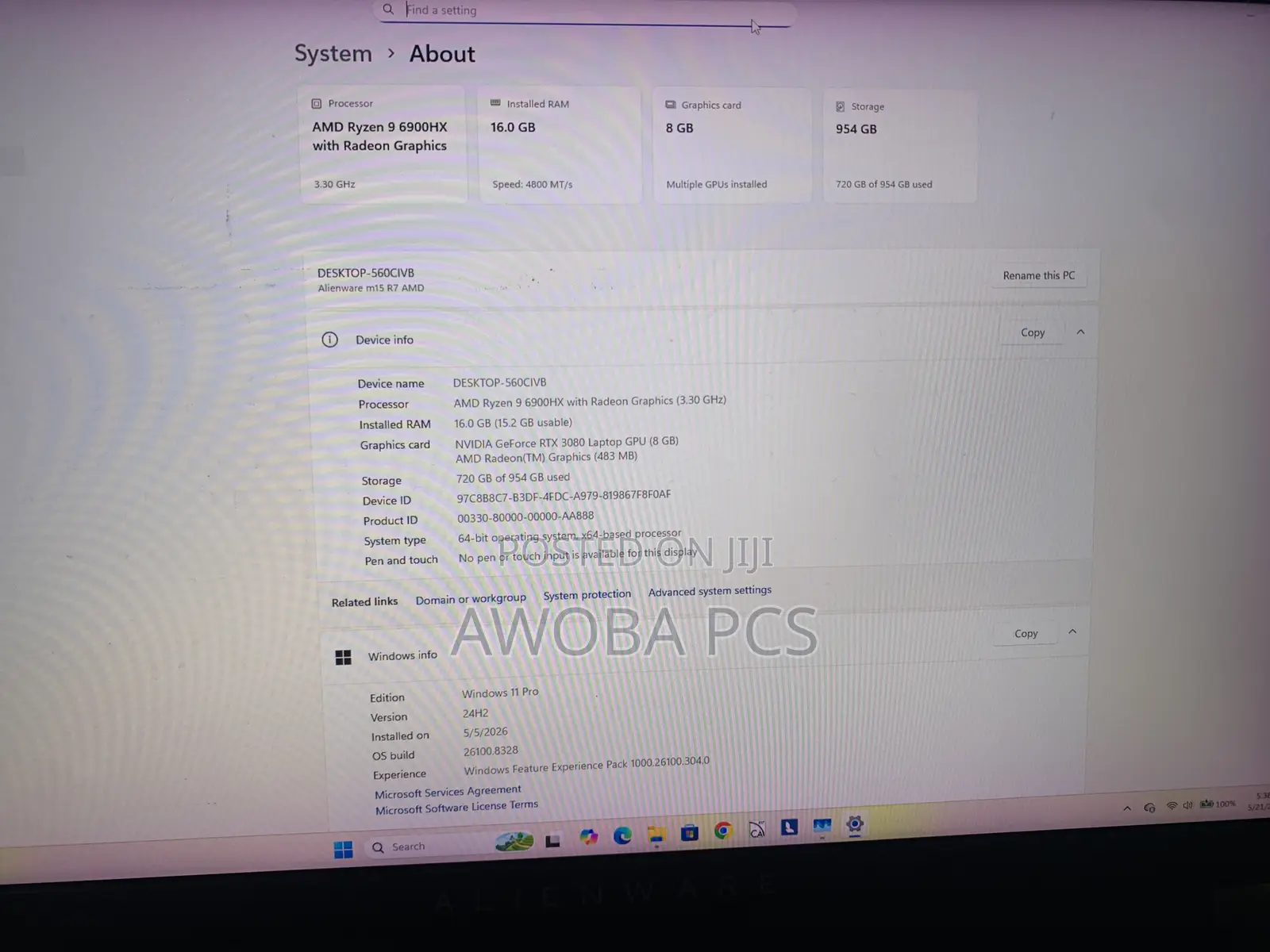 Laptop Alienware M15 R7 16GB AMD Ryzen 9 SSD 1T