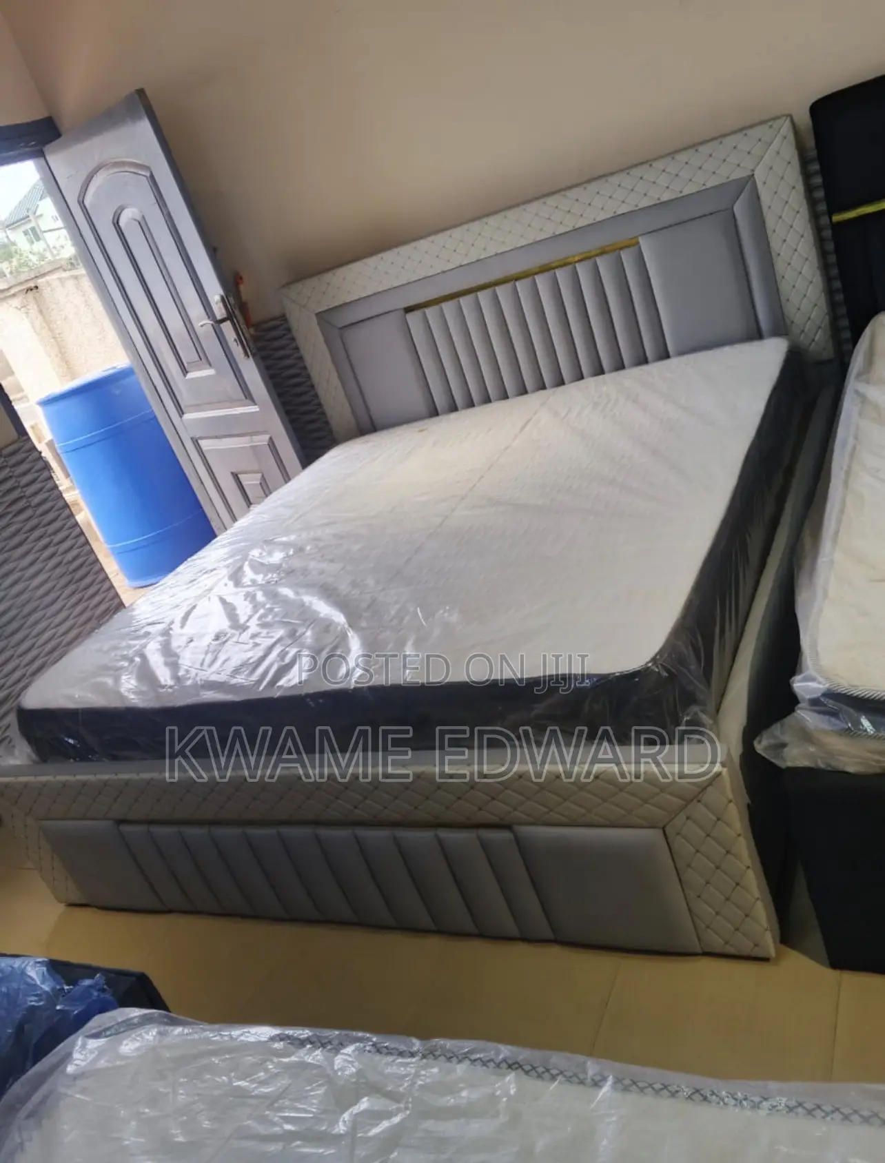 King Size Bed Frame Ash Color With Gold Design and Mattress Available