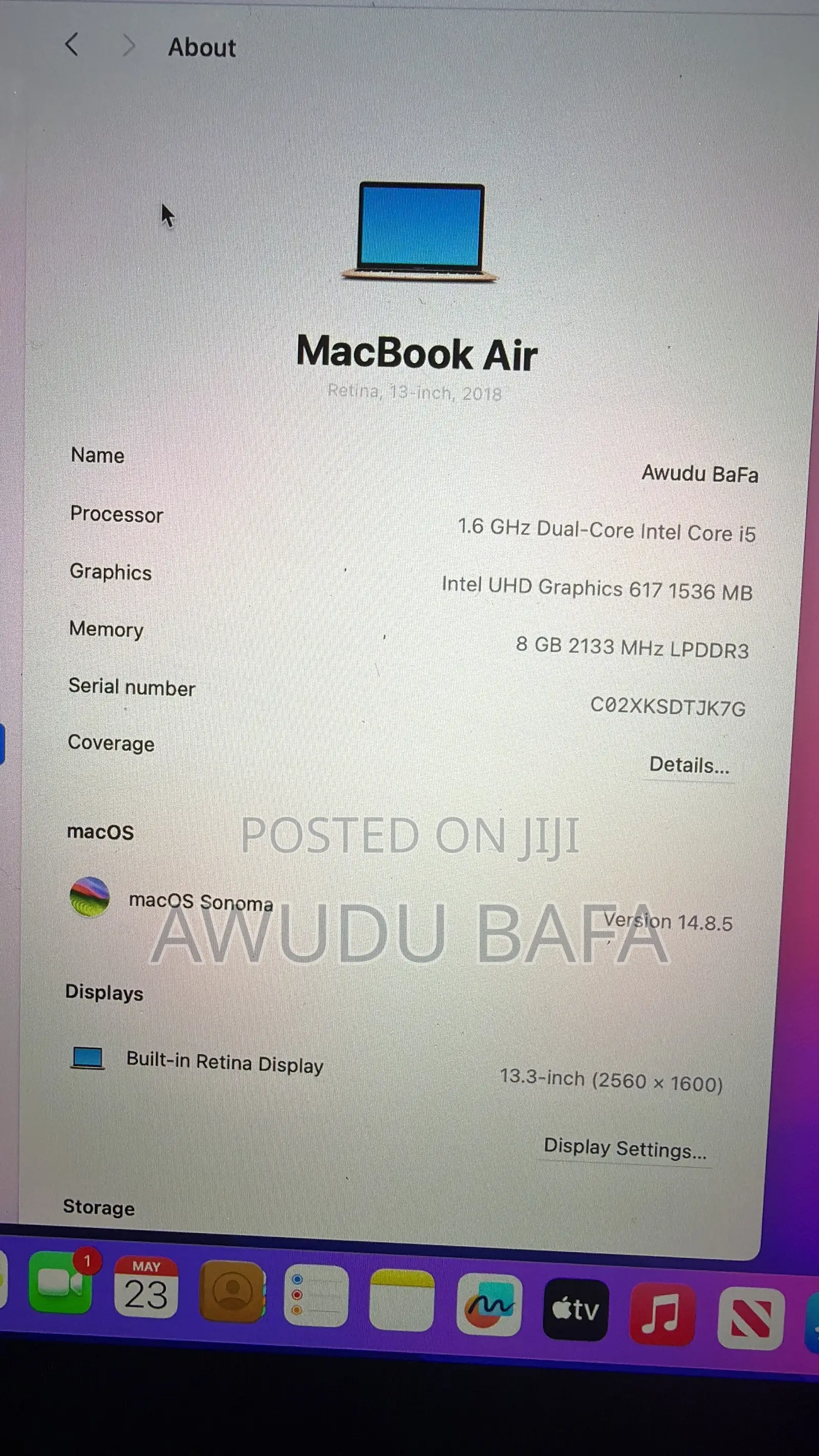 Laptop Apple MacBook Air 2018 8GB Intel Core i5 SSHD (Hybrid) 512GB