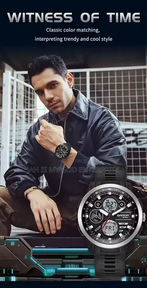 Sanda Sport Tpu Strap Waterproof Quartz Dual Display Wristwatch-Black