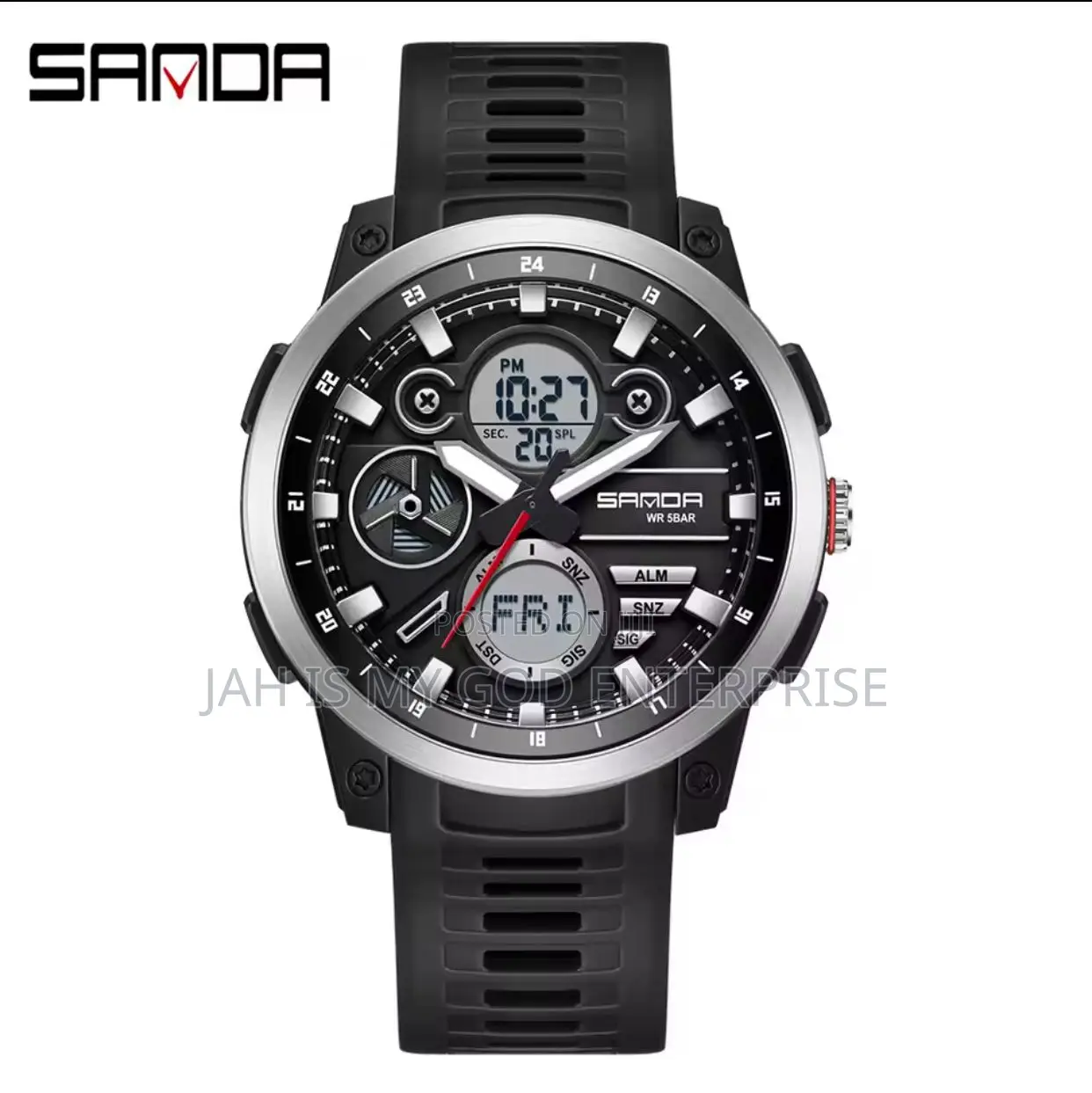 Sanda Sport Tpu Strap Waterproof Quartz Dual Display Wristwatch-Black