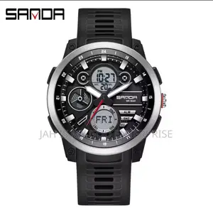 Sanda Sport Tpu Strap Waterproof Quartz Dual Display Wristwatch-Black
