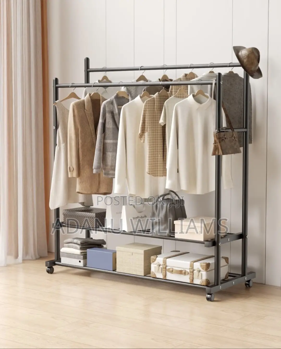 Portable Double Rod Rolling Garment Rack With 2 Tiers Storage Rack