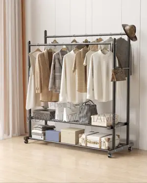 Portable Double Rod Rolling Garment Rack With 2 Tiers Storage Rack