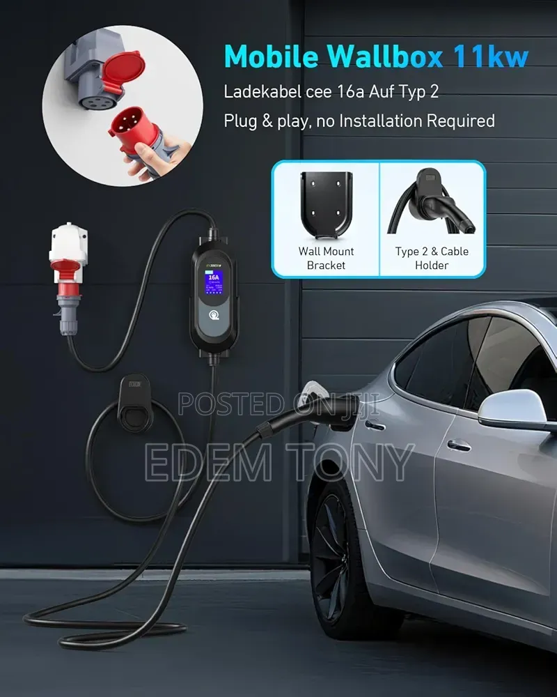 Portable Ev Charger With A Type 2 Connector Cee 3-phase Plug