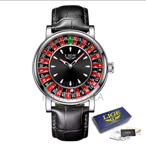 Lige Fashion Brown Leather Men Watch Rotating Dial Las Vegas Roulette