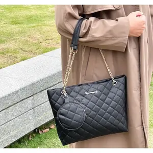 Women’S Capacity Quilted Leather Shoulder Tote Bag With Coin Purse