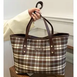 Plaid Tote Handbag Large Capacity Laptop Shoulder Bag Fits