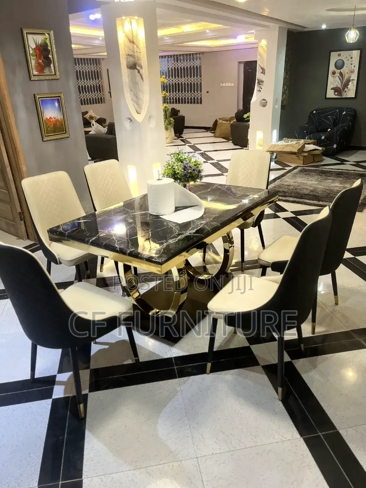 6 Chairs Marble Dining Table Set