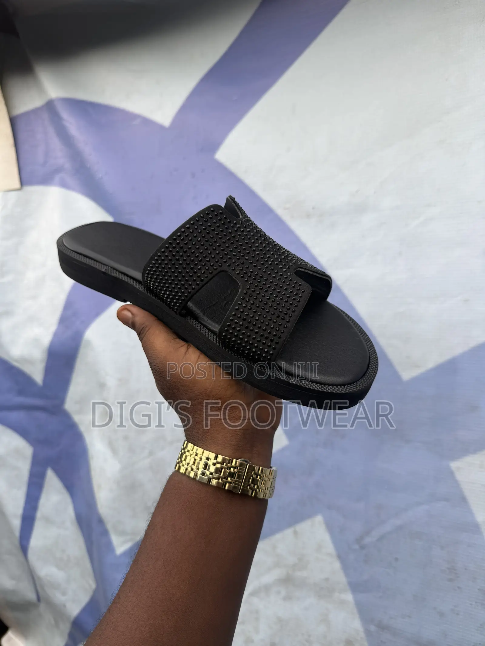 Black Hermes Rhinestone Leather Slipper