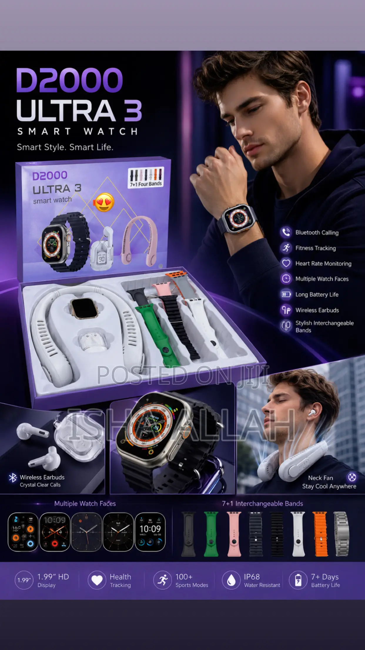 Ultra 3 Smartwatch Combo – 7+1 Bands, Earbuds Neck Fan Gift Set