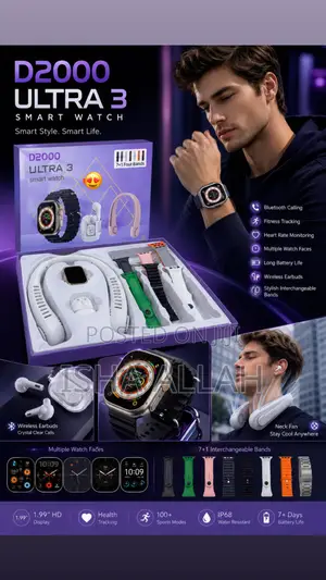 Ultra 3 Smartwatch Combo – 7+1 Bands, Earbuds Neck Fan Gift Set