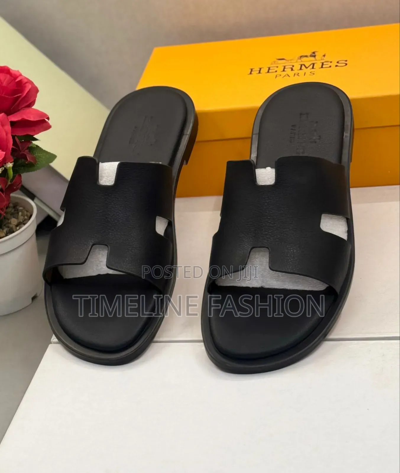 Genuine Leather Men's Hermes Slippers All Black