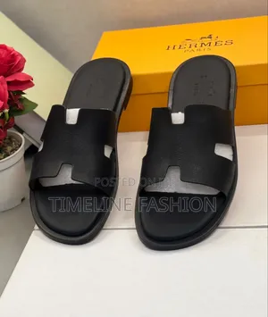 Genuine Leather Men's Hermes Slippers All Black