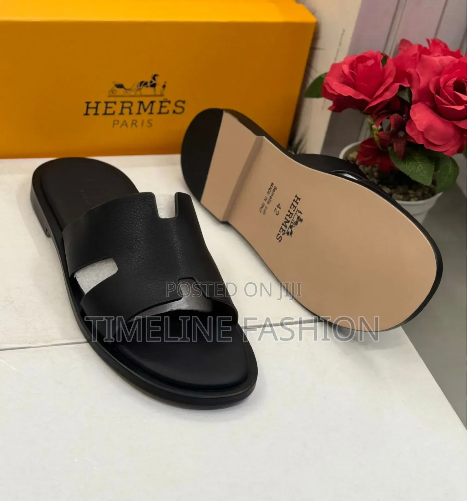 Genuine Leather Men's Hermes Slippers All Black