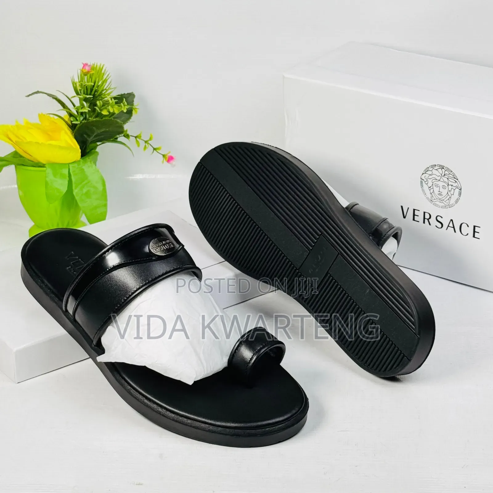 Versace Black Leather Slippers