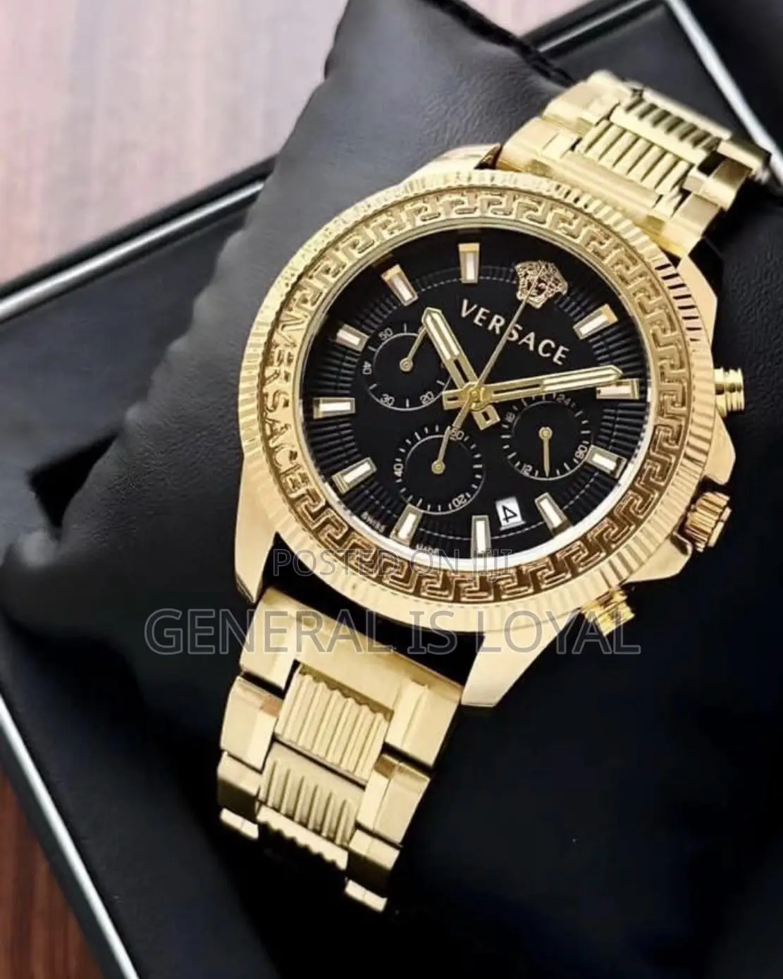 Versace Greca Action Chrono Gold-Tone Watch With a Black Dial.