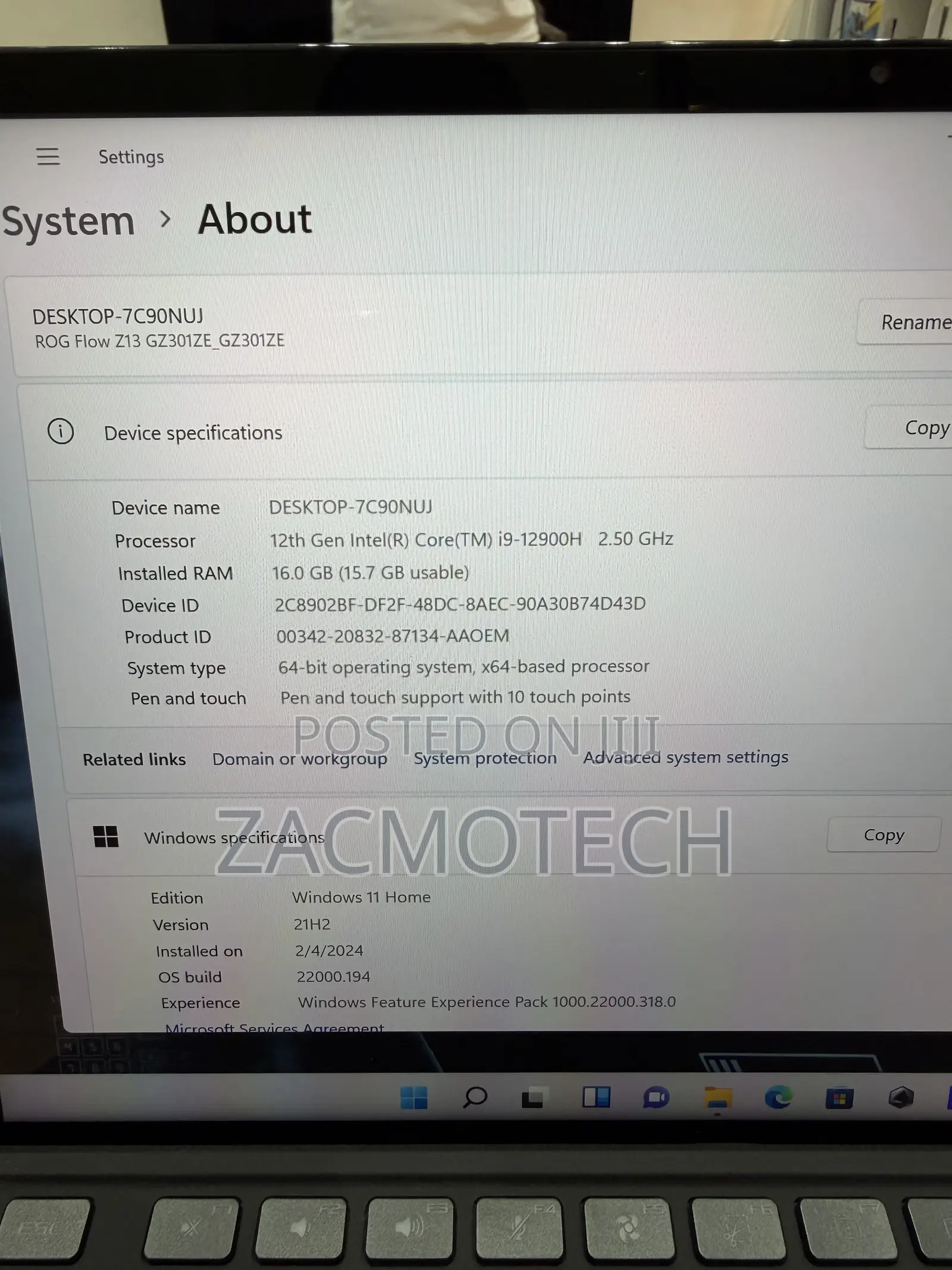 Laptop Asus ROG Flow Z13 GZ301 16GB Intel Core i9 SSD 16 GB