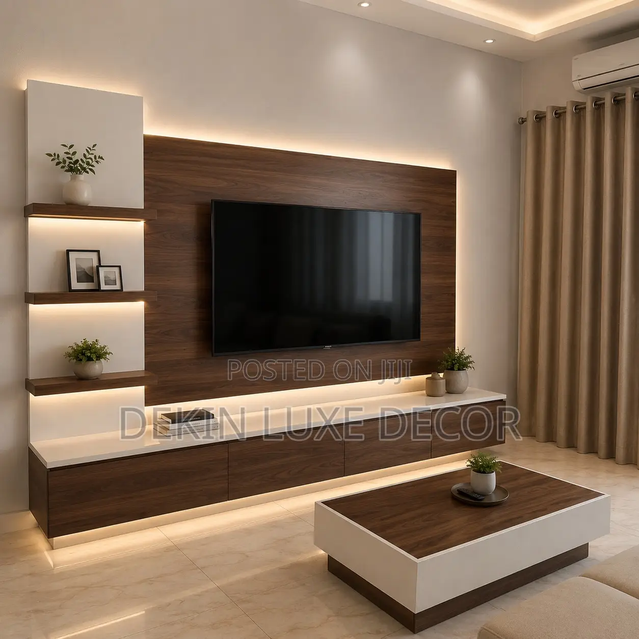 Modern Matte Tv Unit With Shelves for Storage and a Center Table