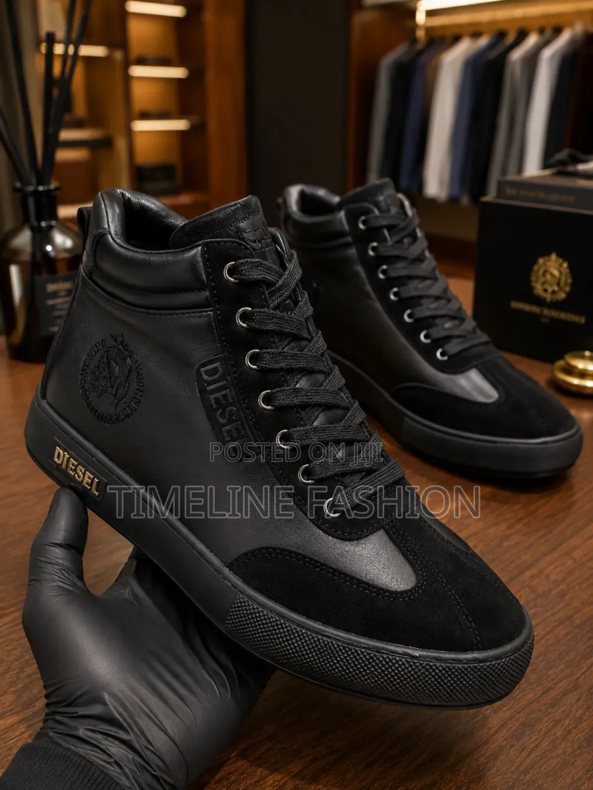 Classic Men's Durable Leather All Black Diesel Ankle Boots